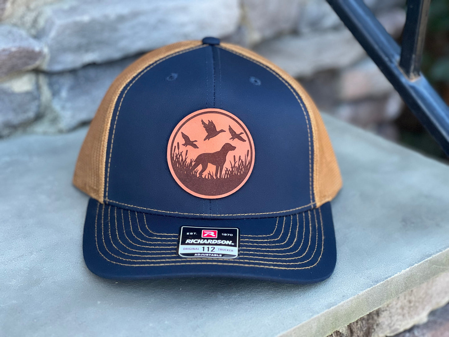 Duck Hunting  Leather Patch Hat, Dog and Ducks, Laser Engraved, Richardson, Yupoong, Imperial, Multi Style