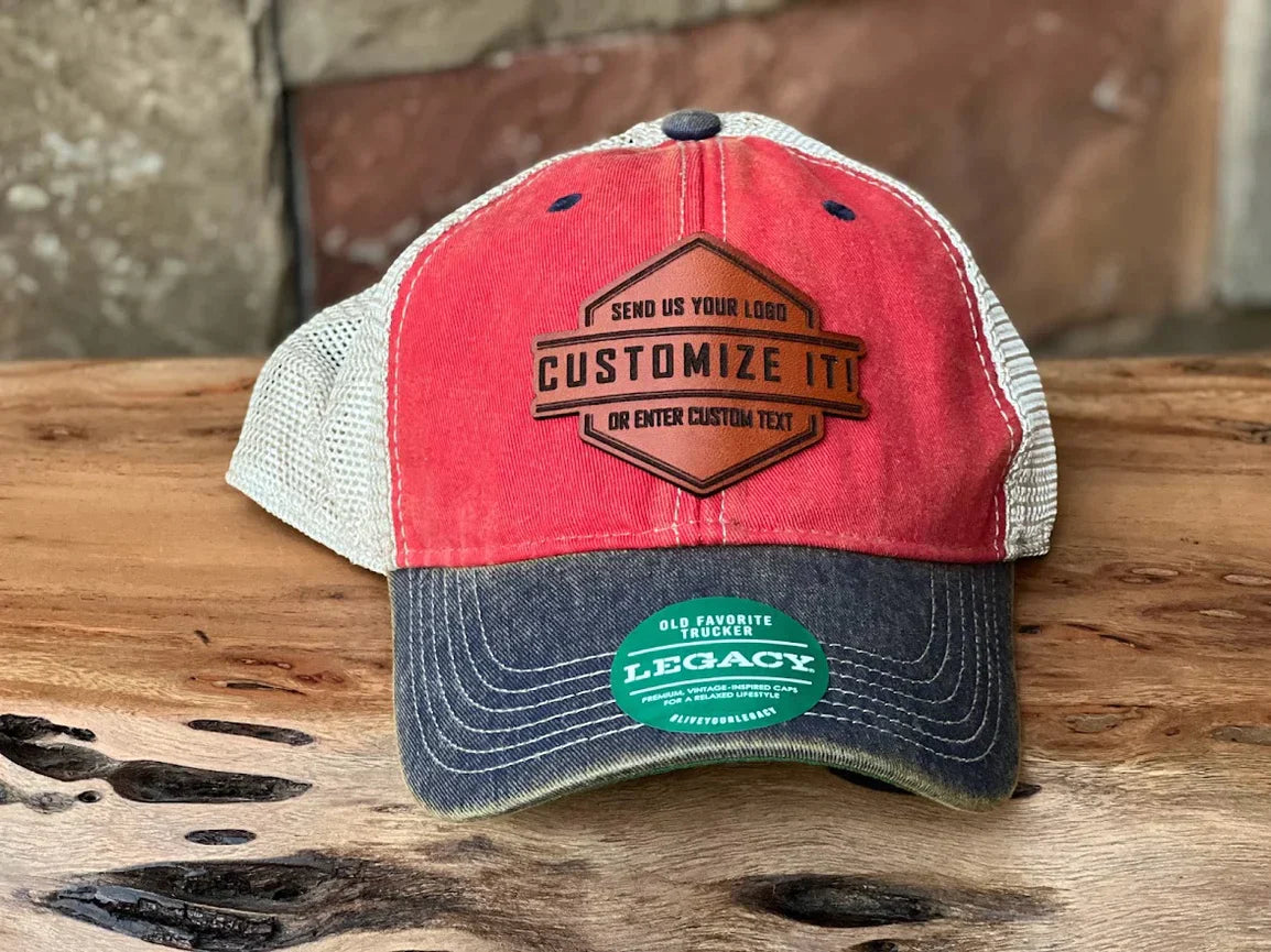 YOUR CUSTOM LOGO ( QTY -12 HATS ) Leather Patch Hats, Laser Engraved for Company brand. Personalized Logo or Text, Richardson, Yupoong, Imperial, Multi Style